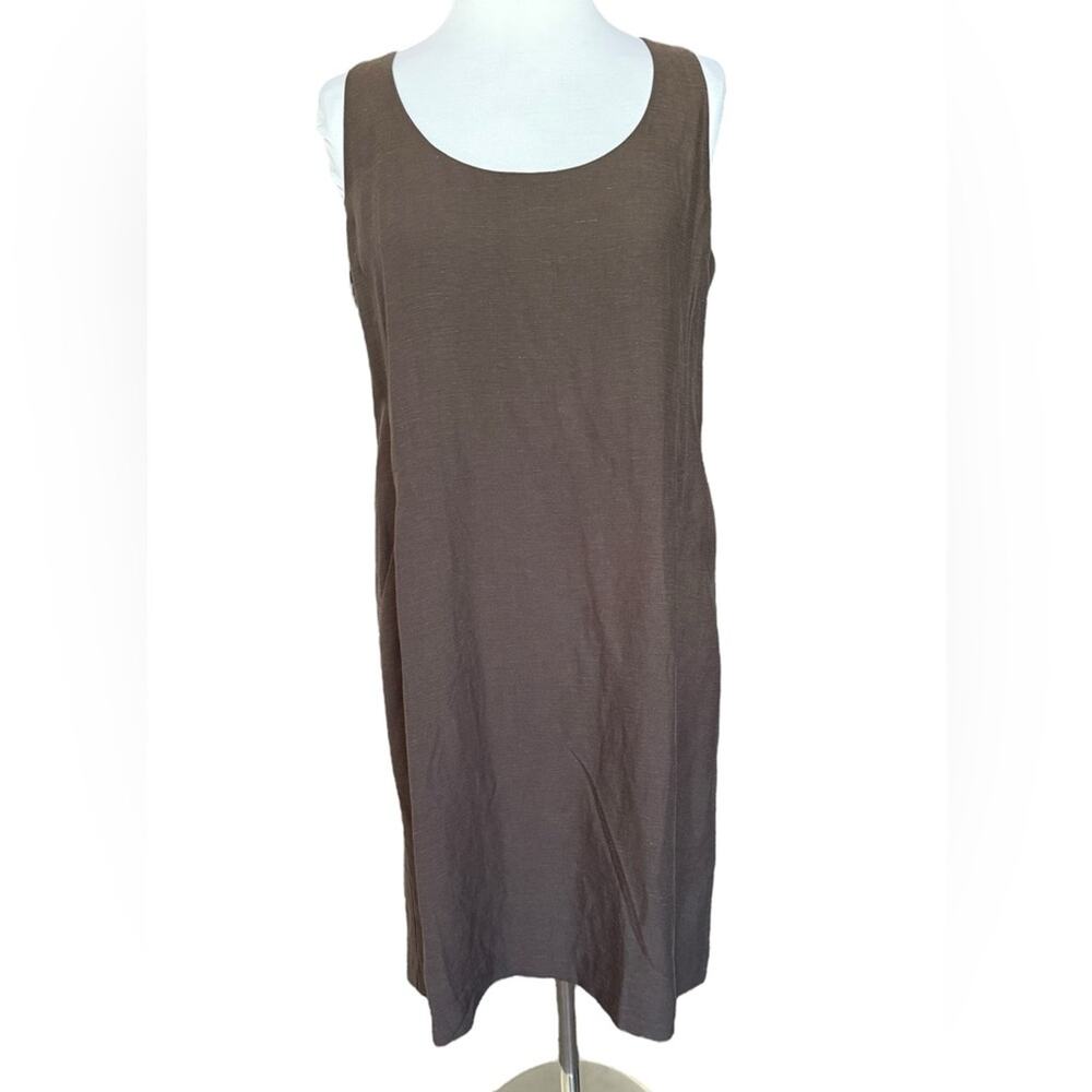 EILEEN FISHER Drapey Tencel Linen Scoop Neck Shift Dress Pockets Brown Small NEW - Picture 3 of 9